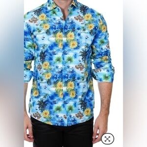 Bespoke Tropical Sunflower sailboat Button Up Long Sleeve collard shirt 3Xl
